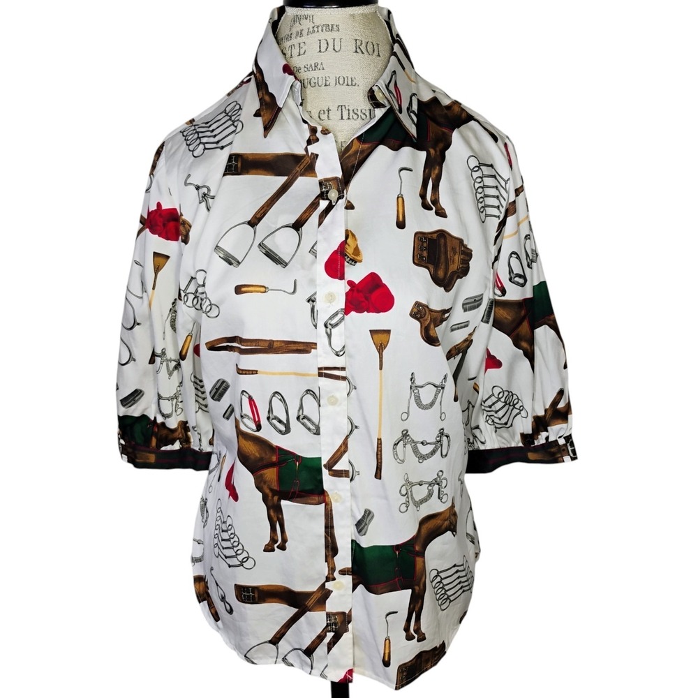 NWT Lauren Ralph Lauren Equestrian Top Womens Large White Horse Preppy Button Up